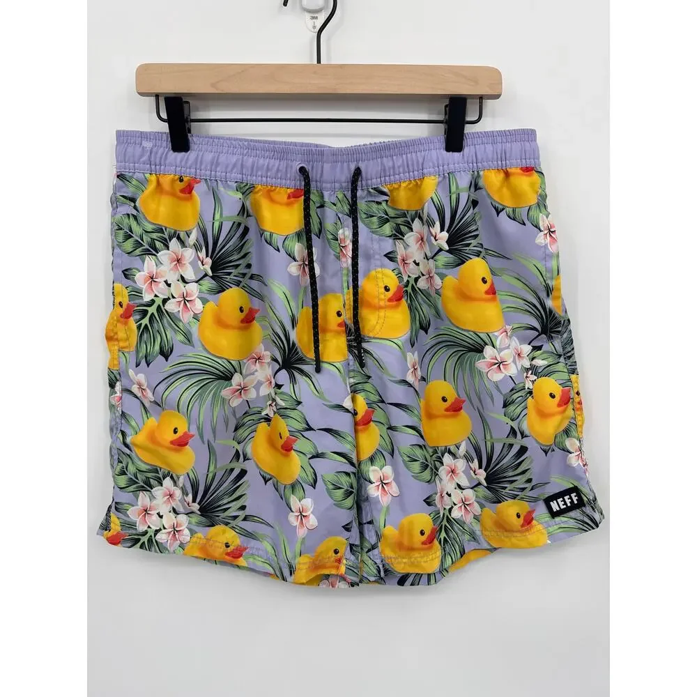 Neff Hot Tub Volley 17 inch Swim Shorts Rubber Ducky Print Purple Size Large
